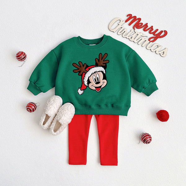 [READY TO SHIP]Toddler Disney Mickey Embroidery Holiday Sweatshirt (1-6y) - Green