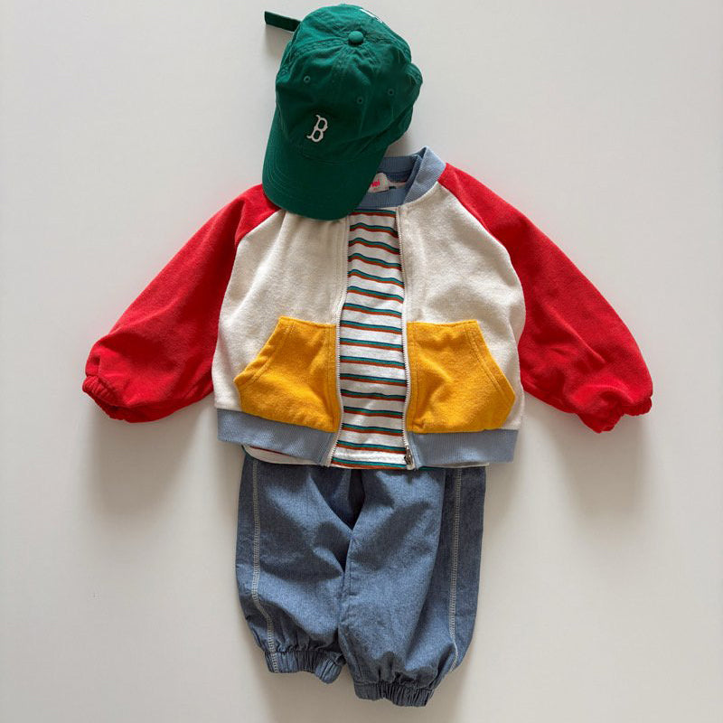 Toddler SP26 Terry Cloth Colorblock Raglan Jacket (1-6y) - Red - AT NOON STORE