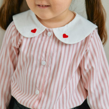 Toddler Milk F25 Heart Embroidery Collar Stripe Shirt (1-7y) - Pink - AT NOON STORE