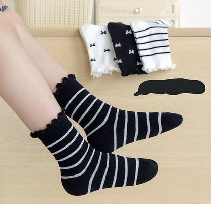 Baby Toddler Lettuce-Edge Bow/Stripe 4PK Ankle Socks Set (3-8y) - Black and White - AT NOON STORE