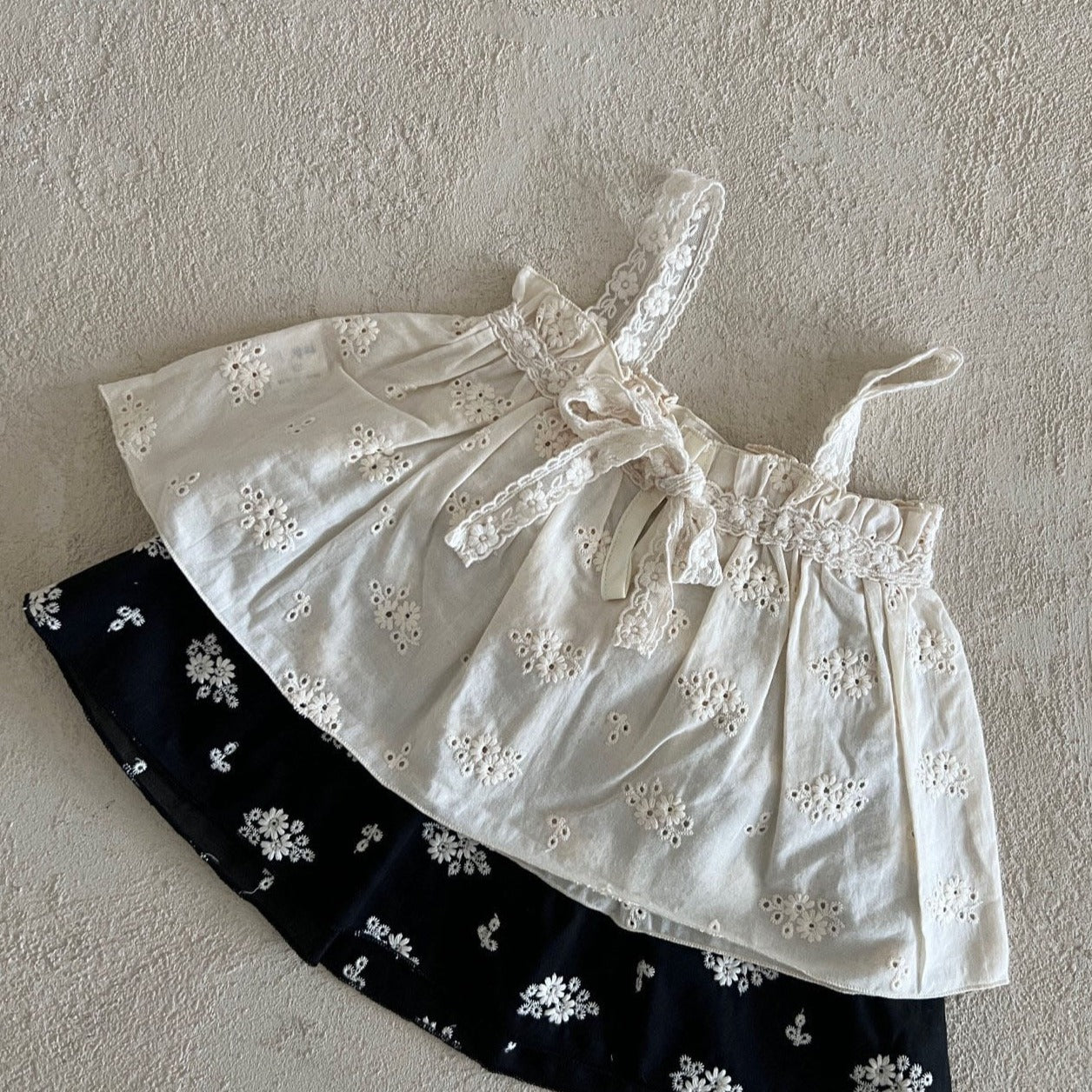 Girl Lala Lace Strap Tie Front Floral Embdoiery Tank Top  (1-6y) - Ivory - AT NOON STORE