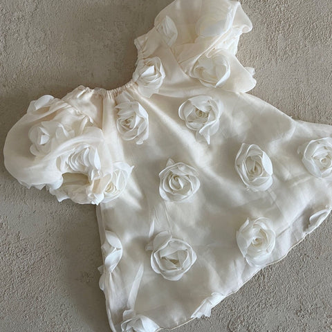 Girls Lala Puff Short Sleeve Dress with 3D Floral Corsage (1-6y) - Ivory