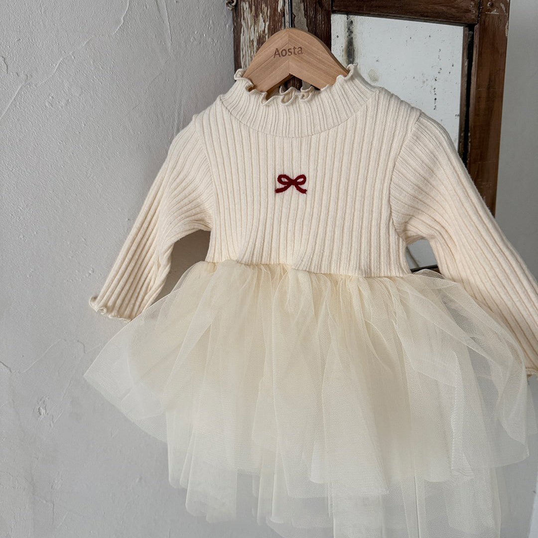 [Pre-Order]Baby/Toddler Aosta W25 Bow Embroidery Ribbed Lettuce-Edge Top Tutu dress (3m-5y)- 2 Colors