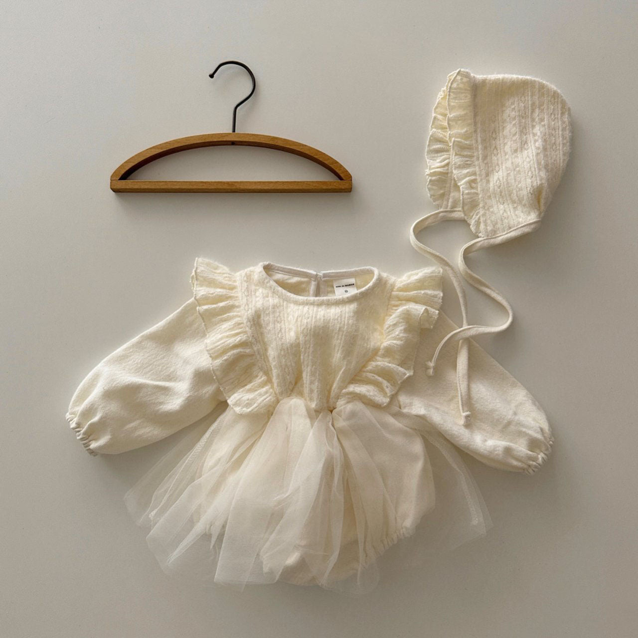 Baby Knit Top Ruffle Detail Dress Romper and Bonnet Set (3-18m) - Ivory - AT NOON STORE