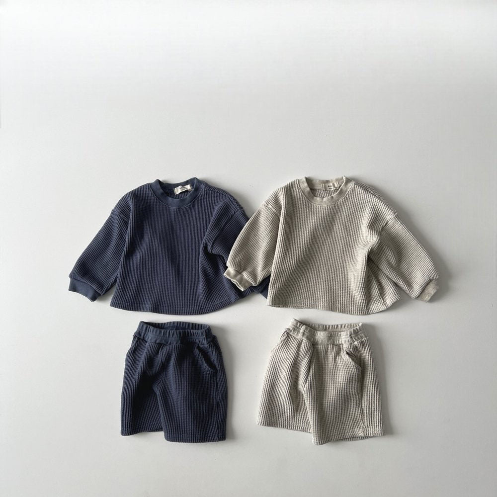 Toddler Waffle Cotton Long Sleeve Top and Shorts Set (1-6y) - 2 Colors