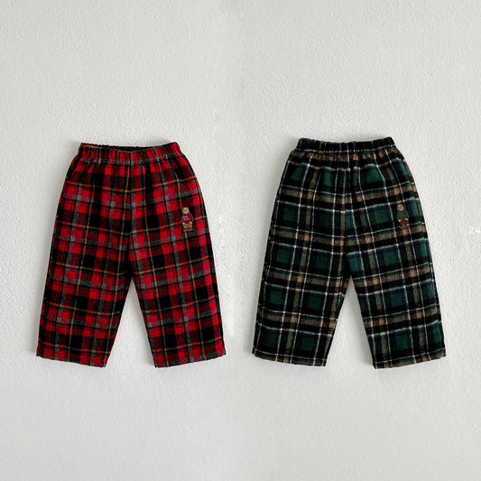 Toddler W24 Teddy Bear Embroidery Tartan Pull On Pants (1-7y) - 2 Colors - AT NOON STORE