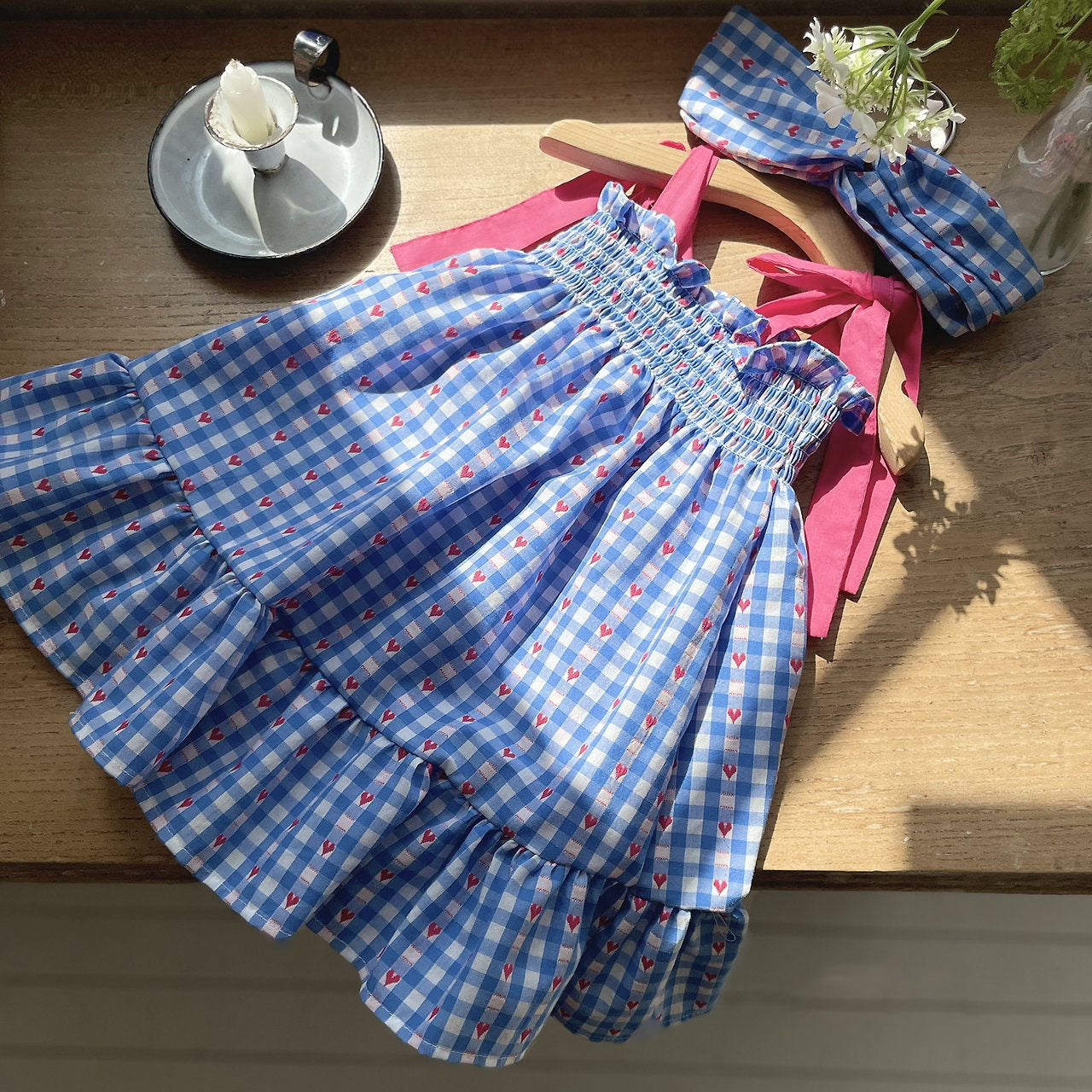 Toddler Milk SS26 Heart Gingham Smocked Bodice Tie Shoulder Dress (1-7y) - Blue