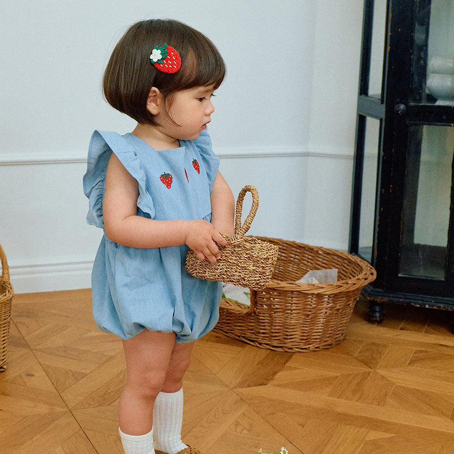 Baby Milk SS26 Strawberry Embroidery Ruffle Sleeve Bubble Denim Romper (3-18m) - Light Denim