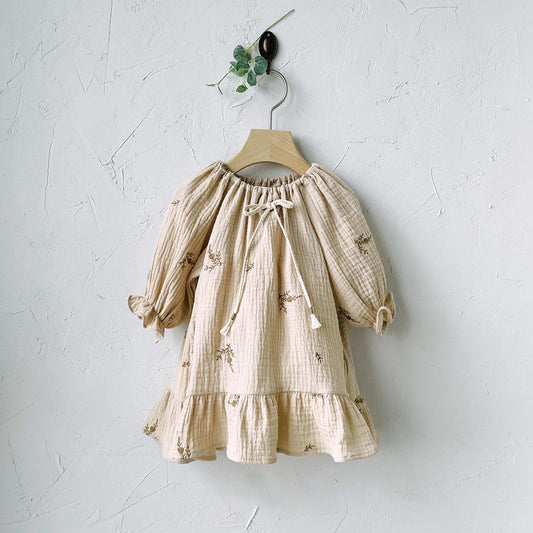 Toddler Milk Knot Tassel Bow Flower Embroidery Dress (1-6y) - Cream - AT NOON STORE