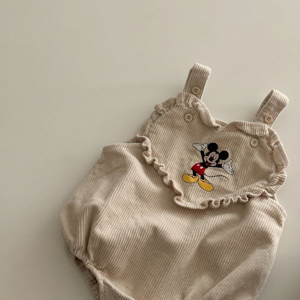 Baby Heart Ruffle Mickey Embroidery Corduroy Shortalls (3-18m) - Ivory
