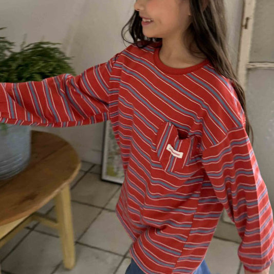 Toddler F25 Heart Pocket Stripe Long Sleeve Top (3-7y) - Red
