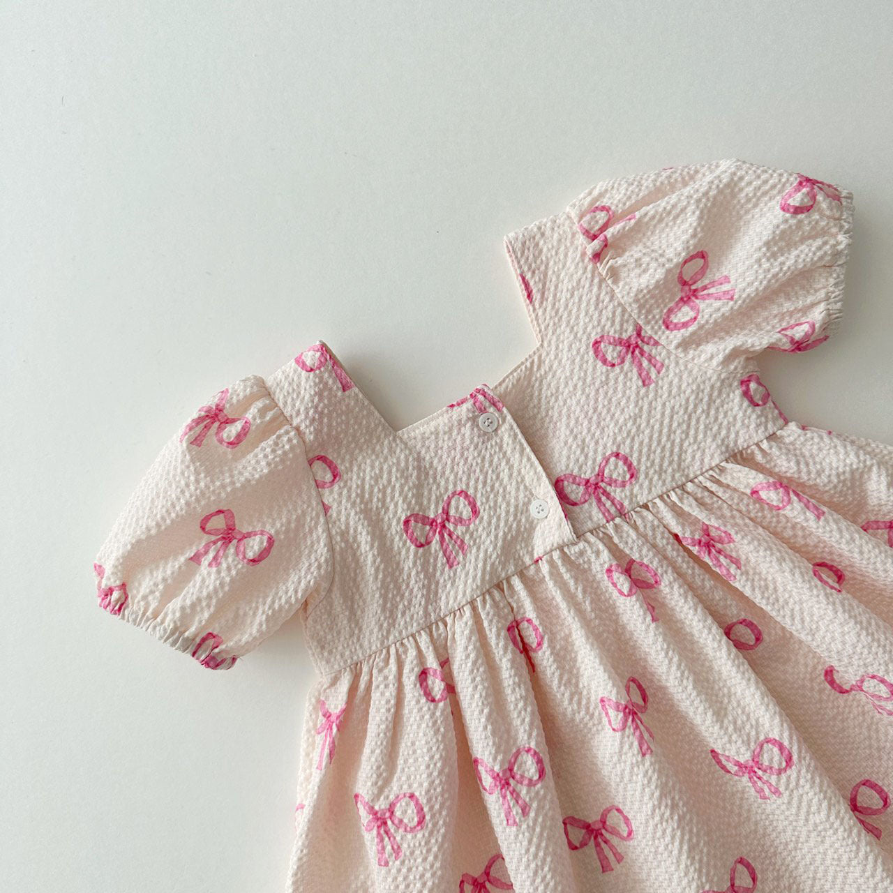 Kids Seersucker Square Neck Puff Sleeve Dress (1-6y) - Pink Bow Print - AT NOON STORE