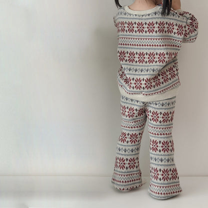 Toddler W25 Fair Isle Jacquard Puff Sleeve Sweater & Flare Pants Set (15m-7y) - Oatmeal