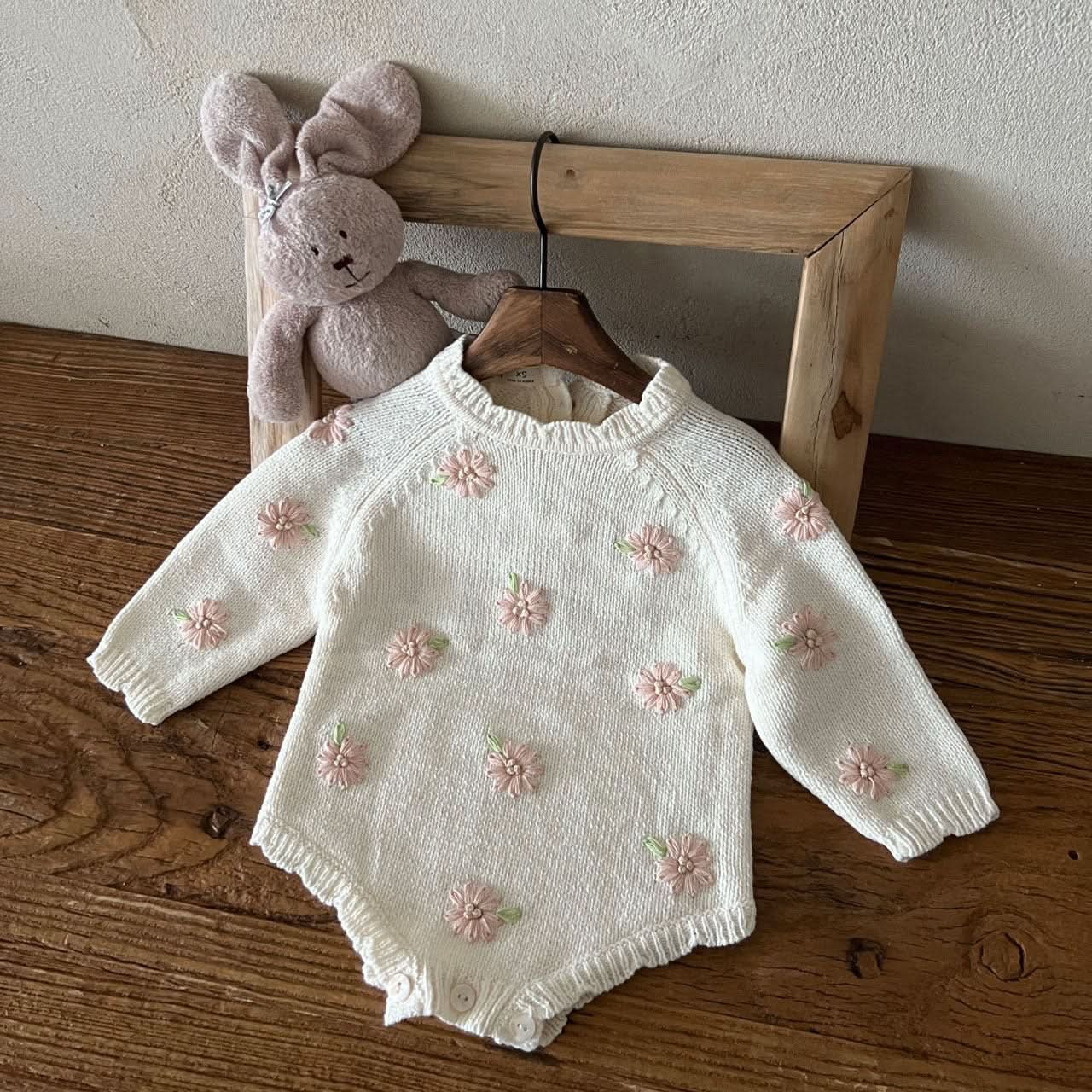 Baby Lala S25 Floral Embroidery Long Sleeve Knit Romper (6-24m) - Ivory - AT NOON STORE