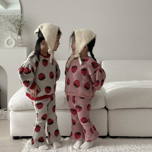 Toddler W25 Strawberry Jacquard Puff Sleeve Sweater & Flare Pants Set (15m-7y) - 2 Colors