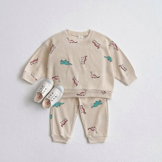 Toddler Waffle Dino Print Pullover and Jogger Patens Set (1-6y) - Ivory - AT NOON STORE