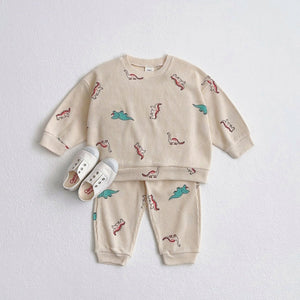 Toddler Waffle Dino Print Pullover and Jogger Patens Set (1-6y) - Ivory