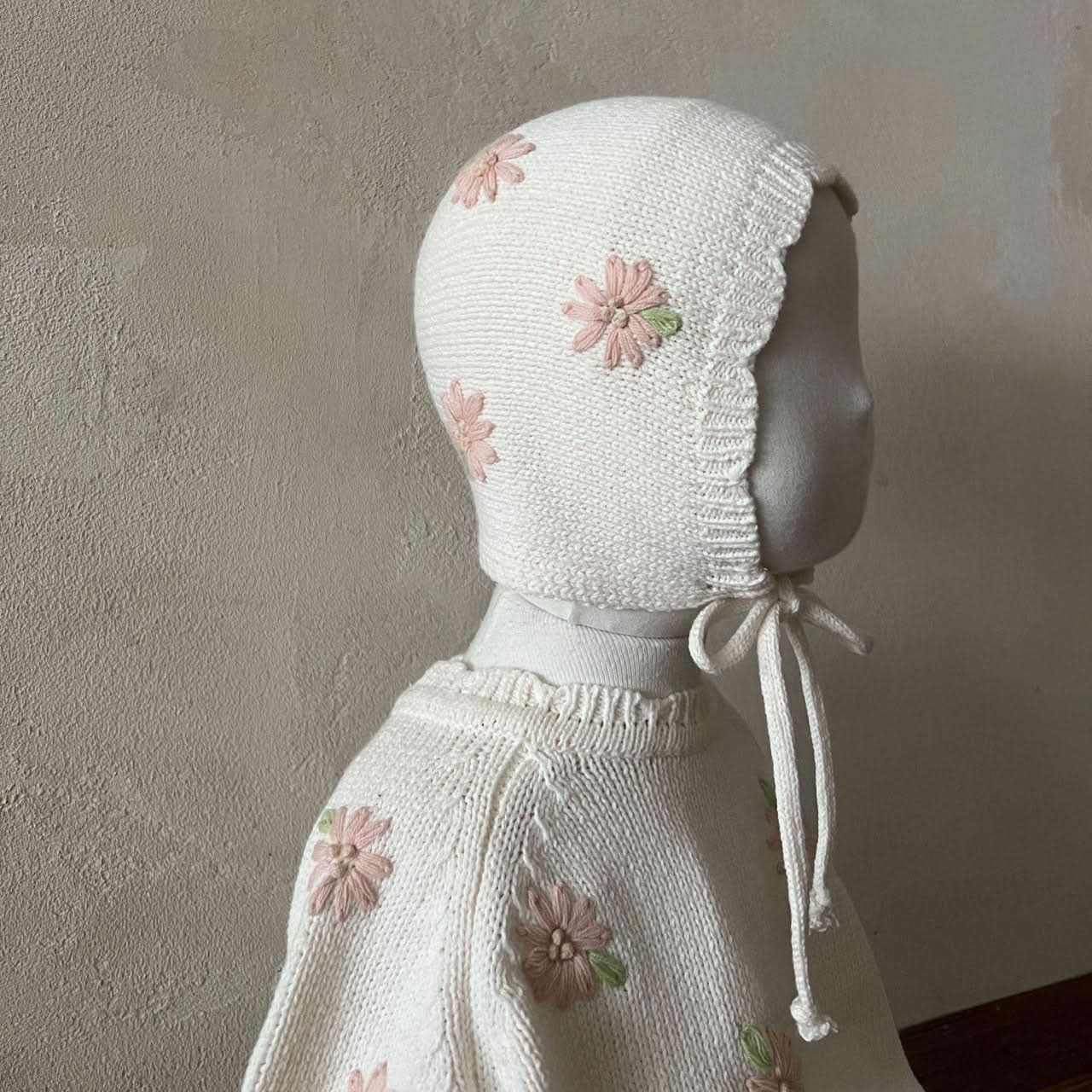 Baby Lala S25 Floral Embroidery Long Sleeve Knit Bonnet (One Size) - Ivory - AT NOON STORE