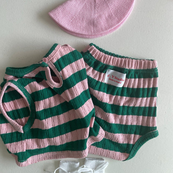 Baby Stripe Pointelle Sleeveless Top and Snap Button Shorts Set (3-12m) - Pink Green
