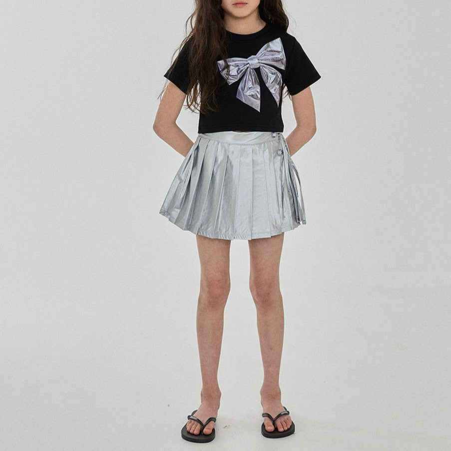 Girls Silver Bow Short Sleeve Cropped Top (3-6y) - Black - AT NOON STORE