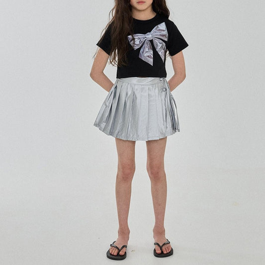 Girls Silver Bow Short Sleeve Cropped Top (3-6y) - Black