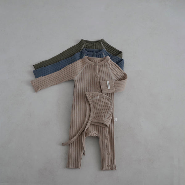 Baby Stitch Detail Ribbed Jumpsuit and Bonnet Set  (0-3m)- Olive