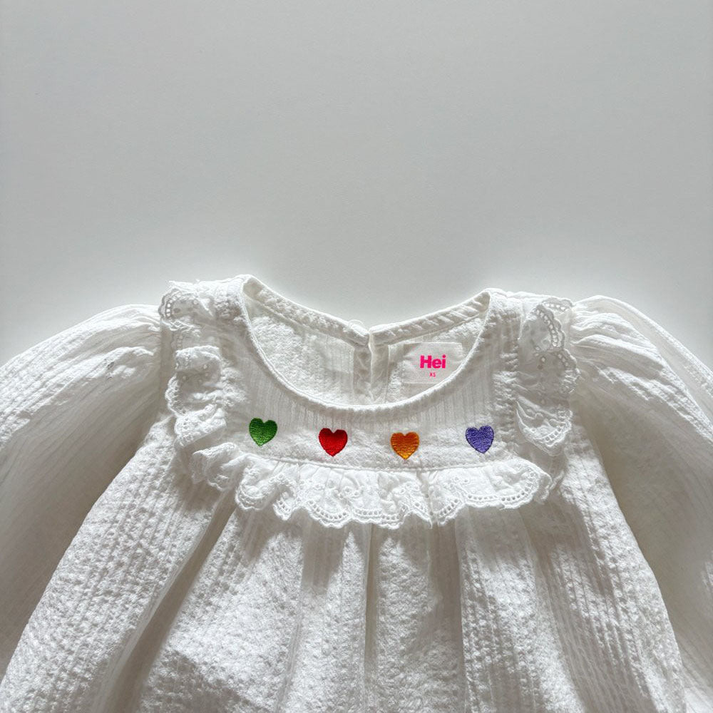 Toddler F26 Heart Embroider Long Puff Sleeve Top (1-6y) - Ivory