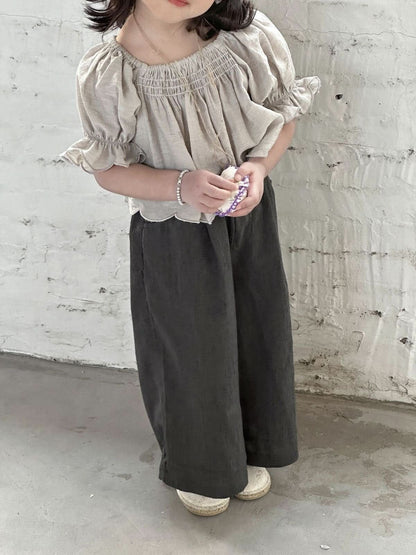Kids Frill Puff Sleeve Crop Top  (2-6y) - Gray - AT NOON STORE