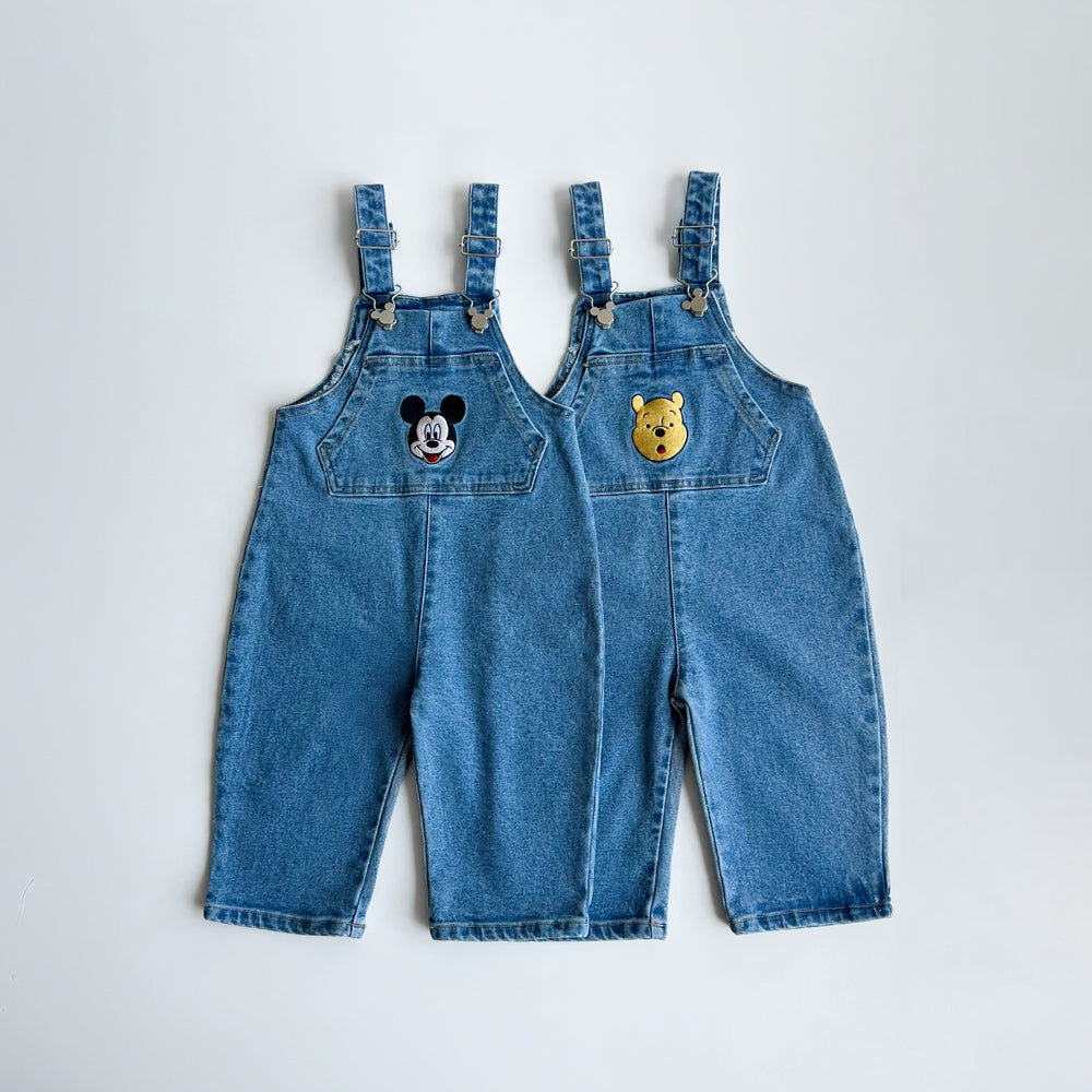 Toddler Disney Mickey and Pooh Face Embroidery Kangaroo Pocket Denim Overalls (2-7y) -2 Colors