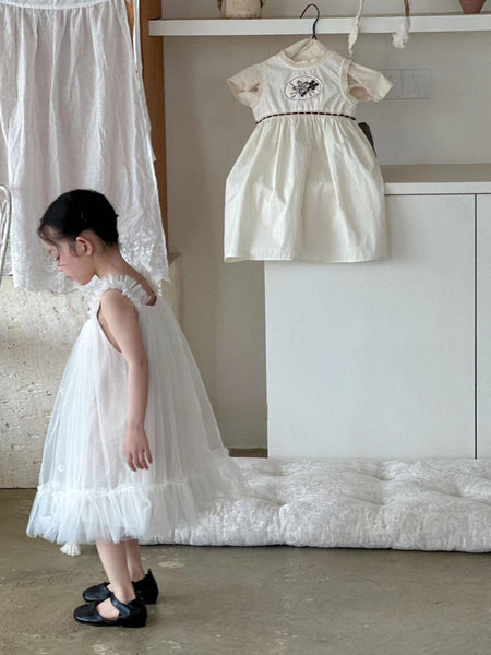 Kids Frill Strap Sleeveless Tulle Dress  (2-6y) - Ivory