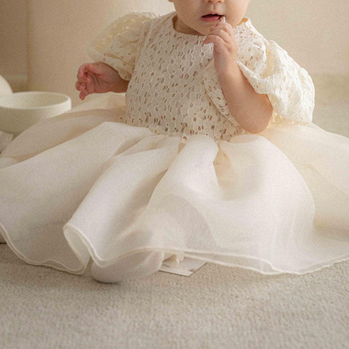 Baby Lace Top Short Puff Sleeve Tulle Party Dress (6m-4y) - Cream - AT NOON STORE