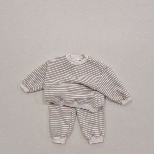 Kids Soy W24 Warm Fleece Stripe Sweatshirt and Jogger Pants Set (5-6y) - Beige - AT NOON STORE