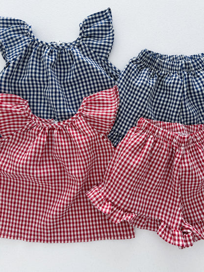 Kids Soy SS25 Gingham Ruffle Sleeves Top and Ruffle Hem Shorts Set (1-6y) - 2 Colors