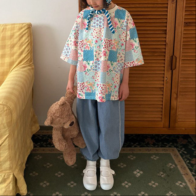 Toddler SP26 Quilted Print Short Sleeve Loose Fit Top  (1-6y) - Blue - AT NOON STORE