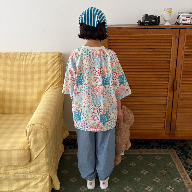 Toddler SP26 Quilted Print Short Sleeve Loose Fit Top  (1-6y) - Blue - AT NOON STORE