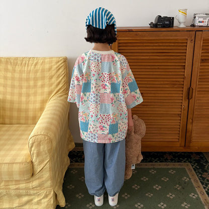 Toddler SP26 Quilted Print Short Sleeve Loose Fit Top  (1-6y) - Blue - AT NOON STORE