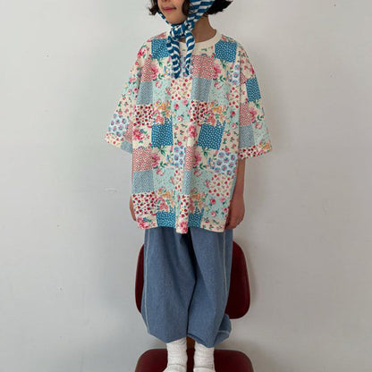 Toddler SP26 Quilted Print Short Sleeve Loose Fit Top  (1-6y) - Blue - AT NOON STORE