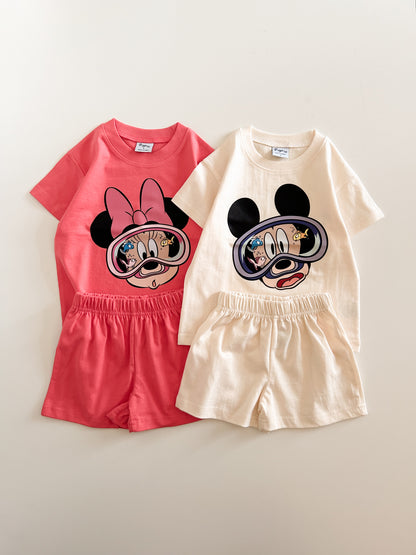 Toddler Disney Mickey/Minnie Print Cotton Short Sleeve Top and Shorts Set (2-7y) - 2 Colors