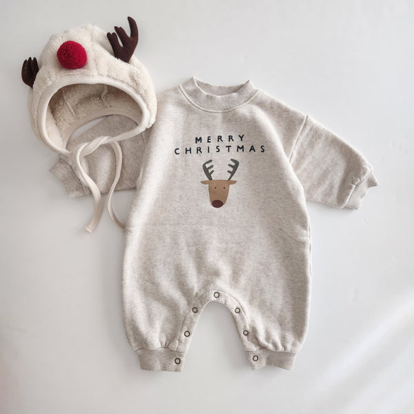 Baby Reindeer Merry Christmas Print Jumpsuit and Bonnet Set (0-18m)