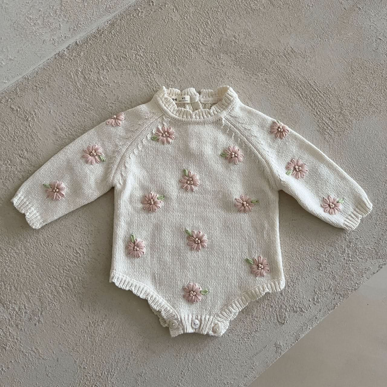 Baby Lala S25 Floral Embroidery Long Sleeve Knit Romper (6-24m) - Ivory - AT NOON STORE