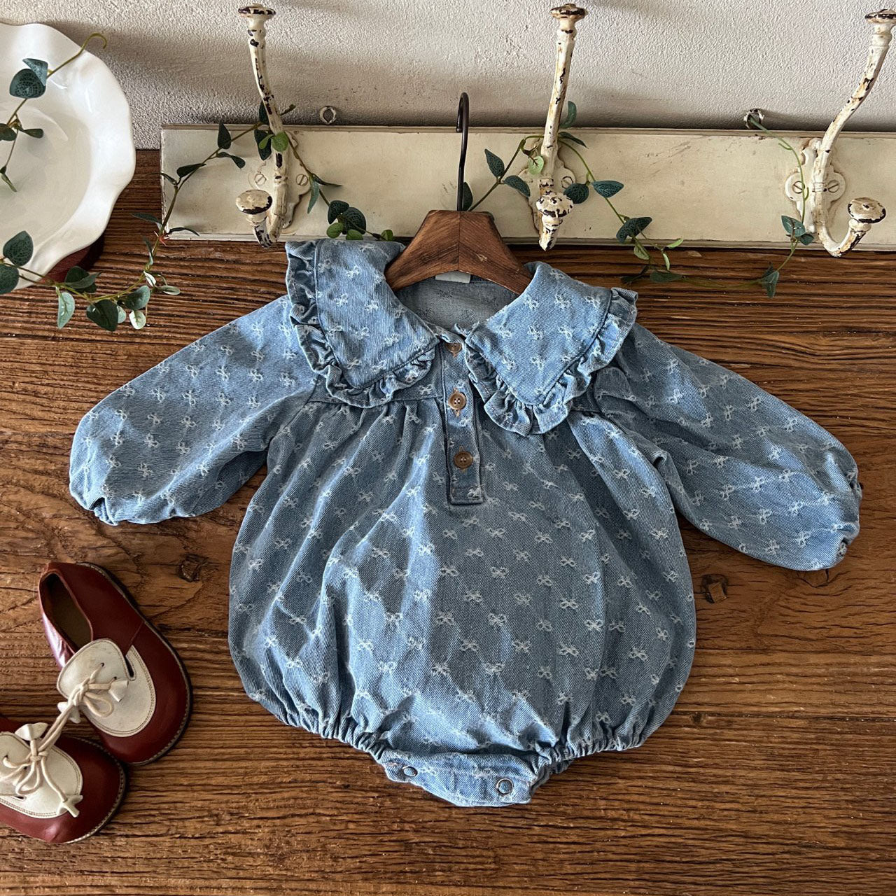 Baby Frill Trim Big Collar Bow Denim Jacquard Bubble Romper (3-24m) - Denim