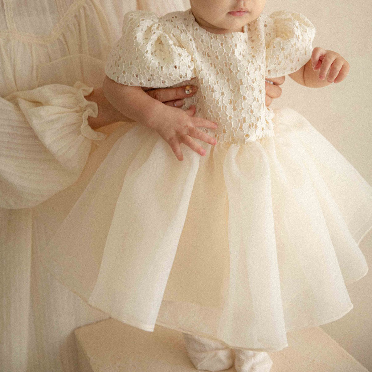 Baby Lace Top Short Puff Sleeve Tulle Party Dress (6m-4y) - Cream - AT NOON STORE