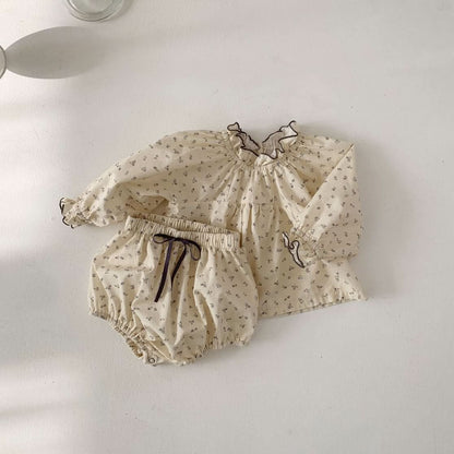 Baby S25 Frill Detail Floral Print Top and Bloomer Shorts Set (3-18m) - Cream - AT NOON STORE