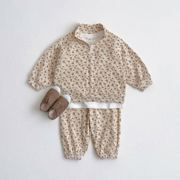 Toddler Waffle Floral Print Half-Zip Pullover and Jogger Patens Set (1-6y)