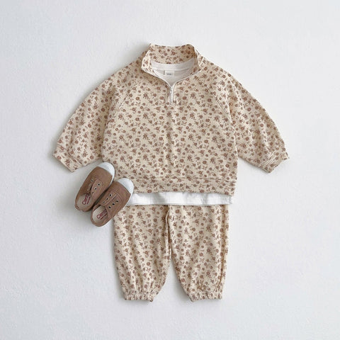 Toddler Waffle Floral Print Half-Zip Pullover and Jogger Patens Set (1-6y)
