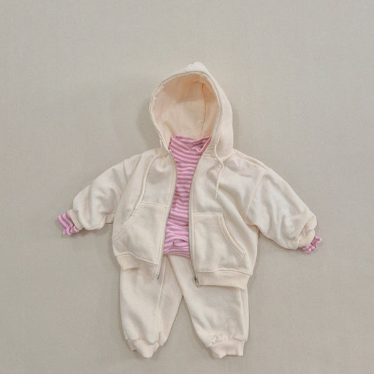 Kids Soy W24 Warm Fleece Zip Up Hoodie and Jogger Pants Set (1-6y) - Cream - AT NOON STORE