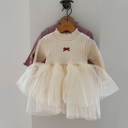 [Pre-Order]Baby/Toddler Aosta W25 Bow Embroidery Ribbed Lettuce-Edge Top Tutu dress (3m-5y)- 2 Colors