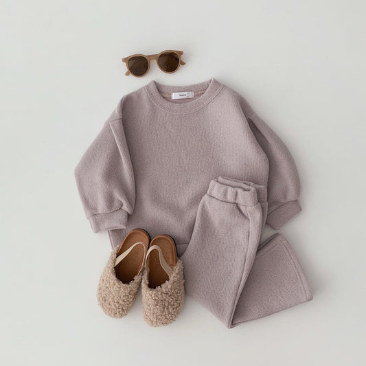 Toddler Brushed Fabric Puff Sleeve Sweatshirt and Flare Pants Set (2-6y) - Beige - AT NOON STORE