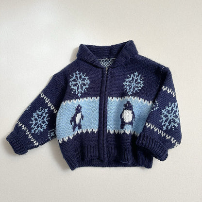 Toddler FW26 Penguin and Snowflake Jacquard Shawl Collar Zip-up Cardigan (10m-4y) - Navy