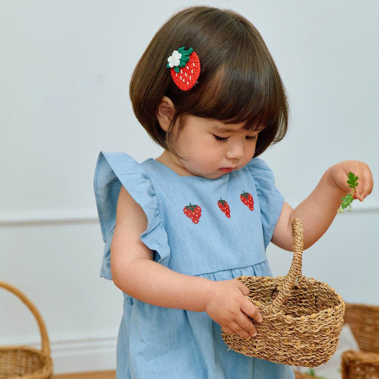 Baby Milk SS26 Strawberry Embroidery Ruffle Sleeve Bubble Denim Romper (3-18m) - Light Denim
